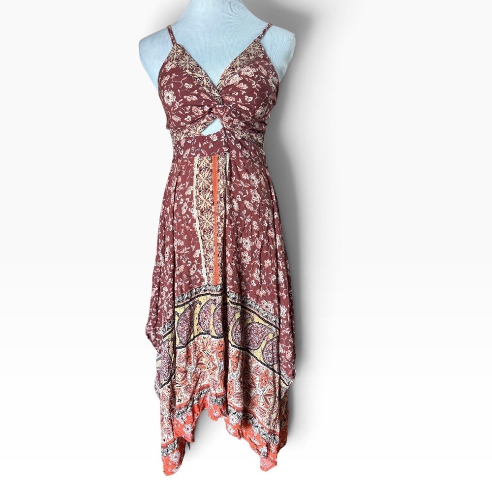 Angie Rayon Dress Women S Boho Handkerchief Hem Rust Floral Paisley Midi Smocked